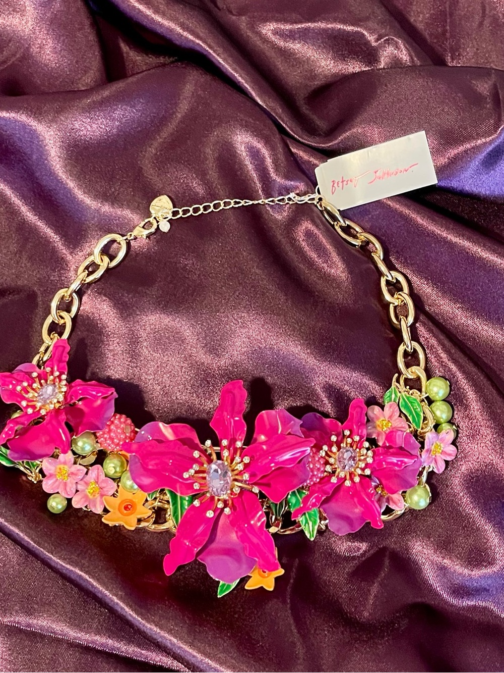 Betsey Johnson Fuchsia Floral Crystal Statement Necklace - Picture 4 of 5